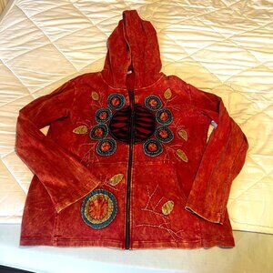 Bohemian style hooded sweatshirt, red with colorful embrodery size XXL